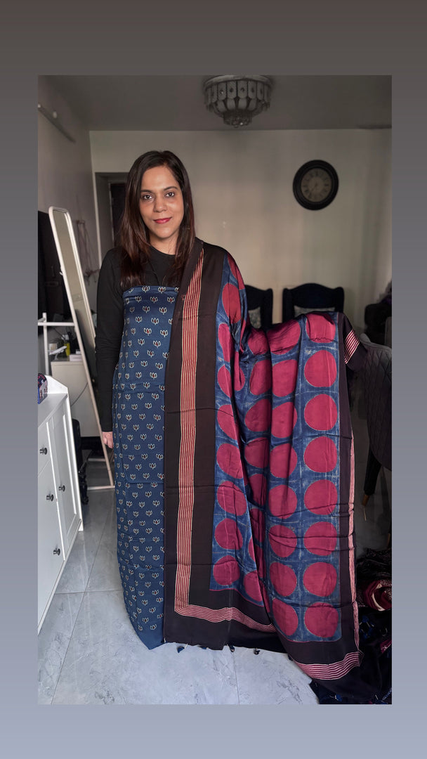Natural Dye Ajrakh Handblock Printed Modaal silk 2  Piece suit MF0077