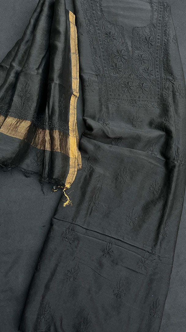 Pure Chanderi silk lucknowi chikankari top and dupatta