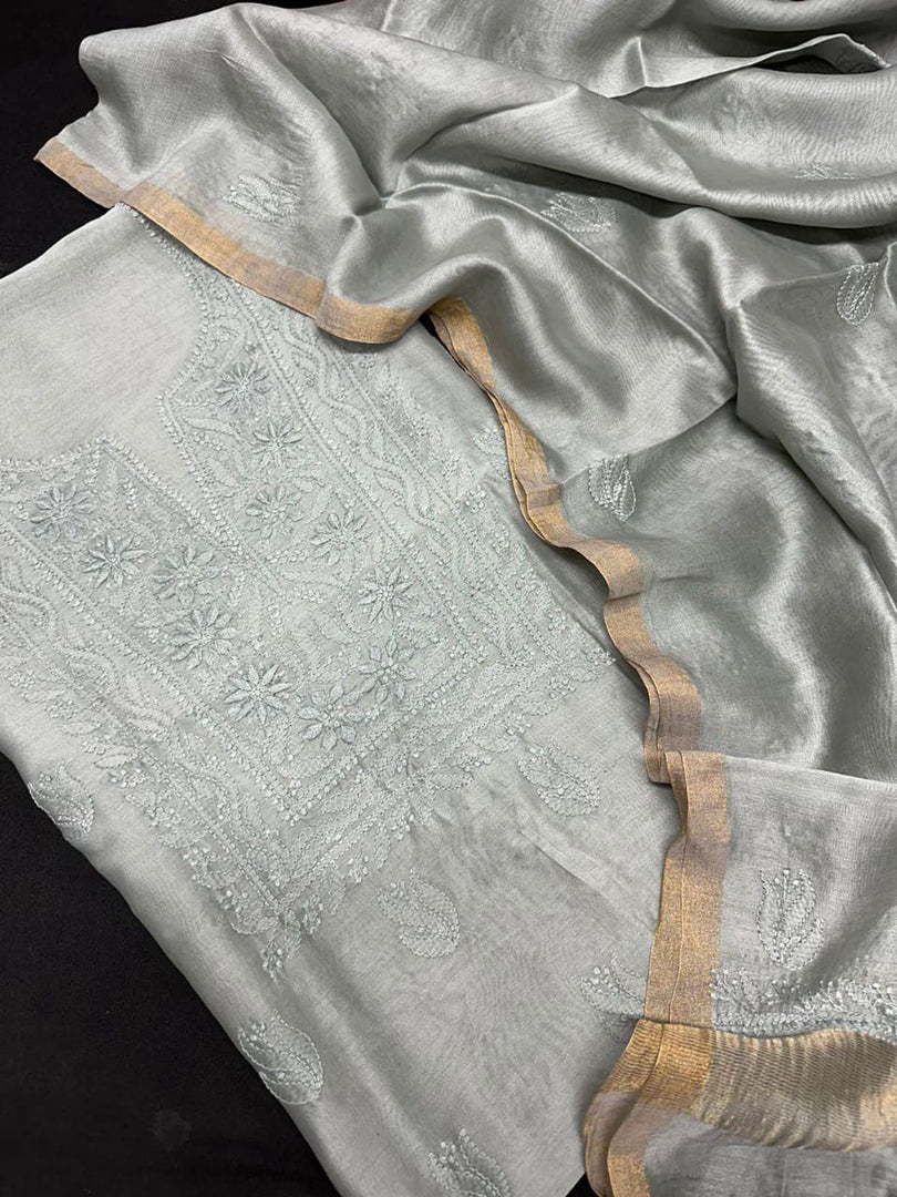 Pure Chanderi silk lucknowi top and dupatta