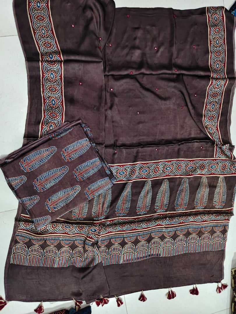 Natural dye modal silk ajrakh top with plain modal silk handworked mirror dupatta 2 piece set