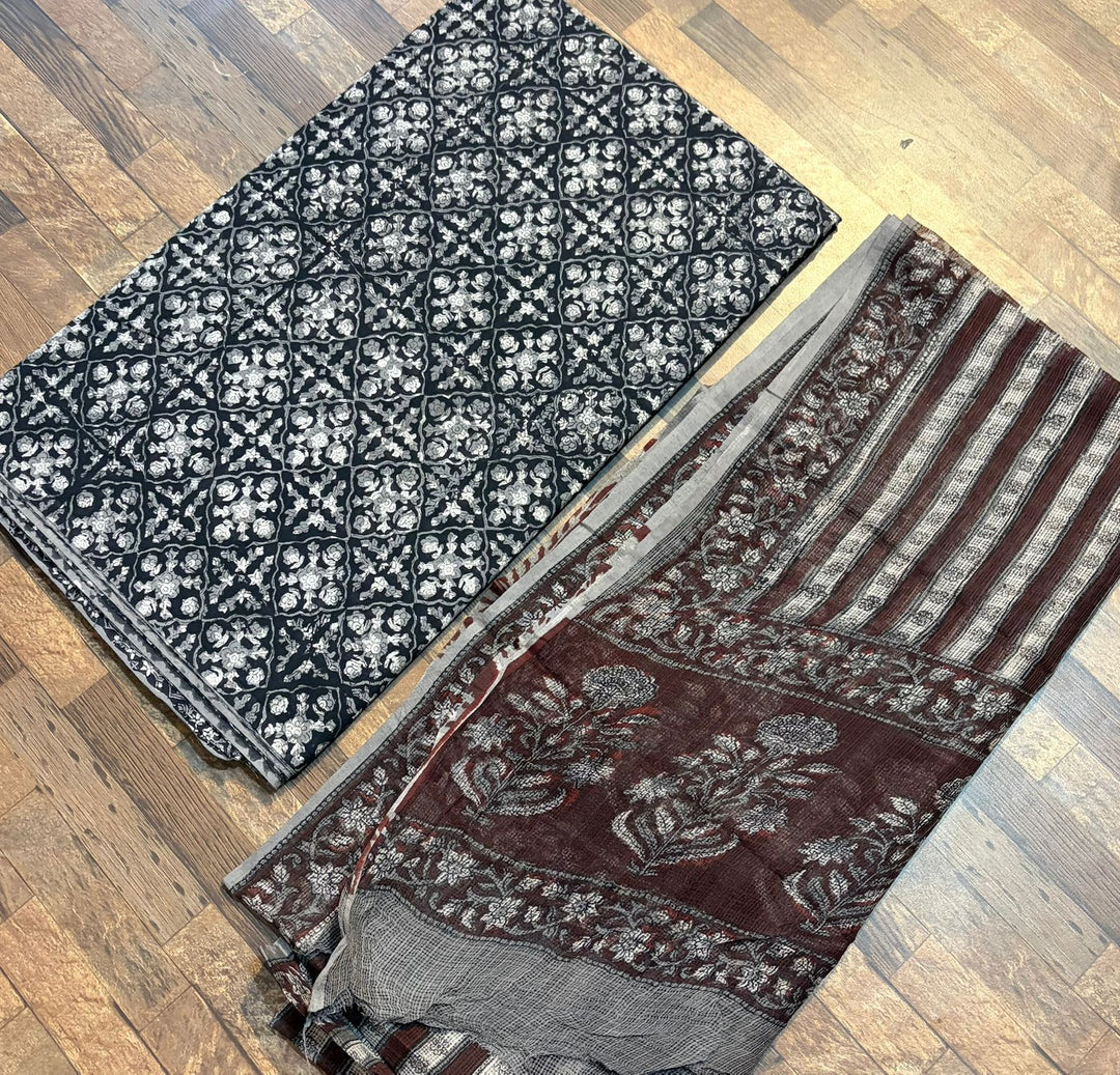 5 m jahota natural dye Handblock cotton fabric with jahota Kota doria dupatta
