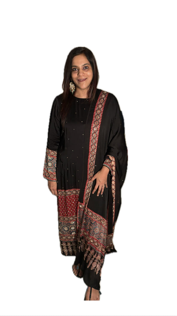 MEHZA FESTIVE EDIT heavy handwork premium quality modal silk ajrakh top and dupatta 2 piece set