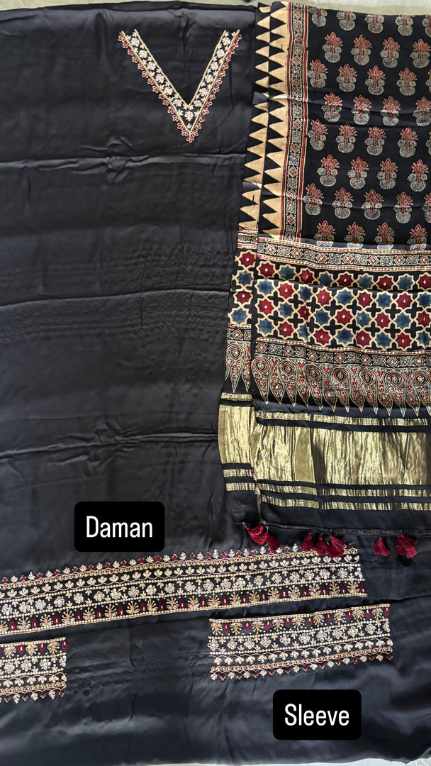 Handworked plain modal silk top with ajrakh tissue pallu handworked dupatta