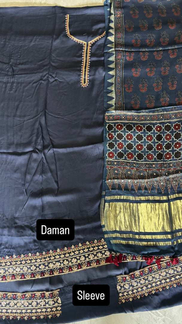 Handworked plain modal silk top with ajrakh tissue pallu handworked dupatta