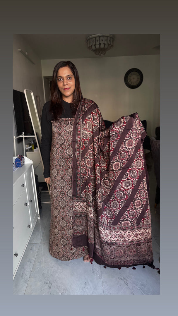 Natural Dye Ajrakh Handblock Printed Modaal silk 2  Piece suit MF0077