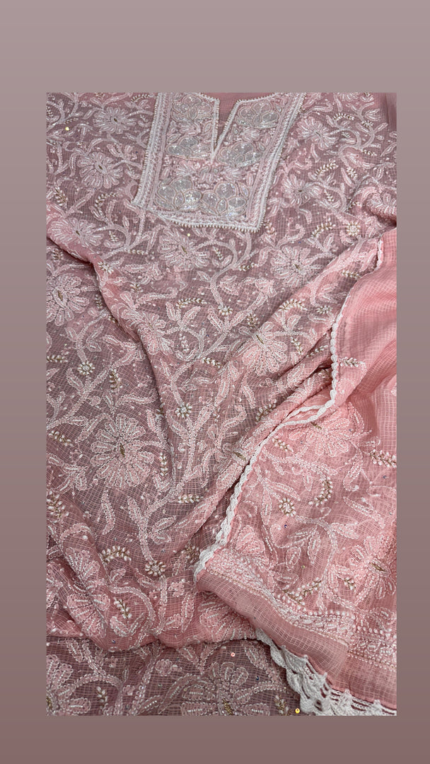 Beautiful soft Kota doriya shirt n dupatta Lucknowi chikan n add on Katdana, teeki, pearl n pitta work