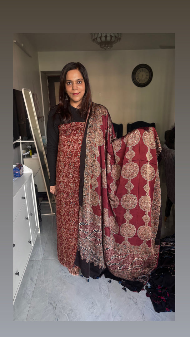 Natural Dye Ajrakh Handblock Printed Modaal silk 2  Piece suit MF0077