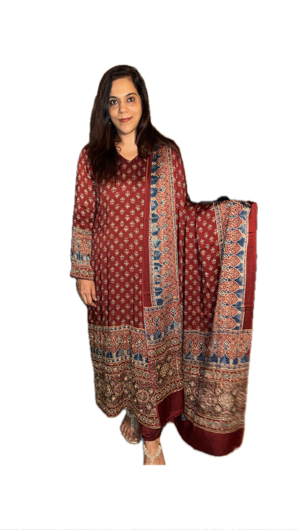 MEHZA FESTIVE EDIT heavy handwork premium quality modal silk ajrakh top and dupatta unstitched  2 piece set