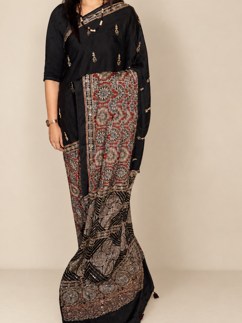 MEHZA FESTIVE EDIT2026 Premium quality handworked modal silk ajrakh saree with tazzels