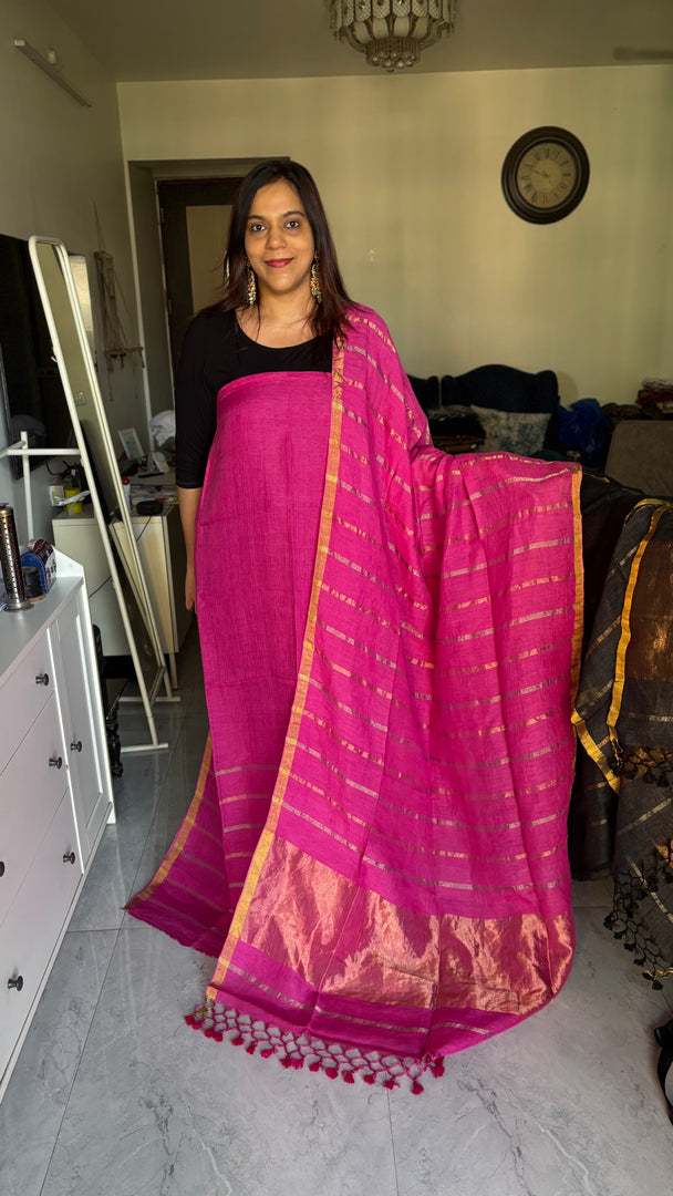 Pure linen handwoven jamdani top and dupatta with zari stripes and tazzles