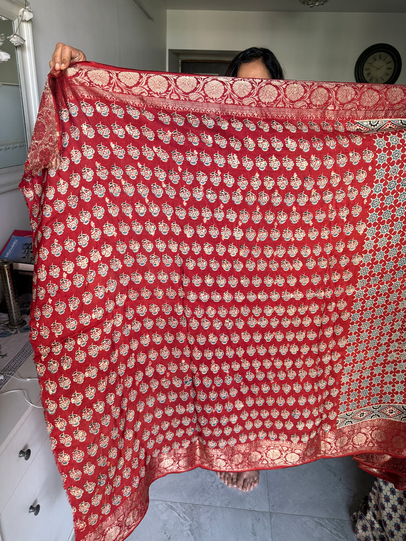 Natural dye handblock ajrakh dola silk saree with zari with attached blouse piece
