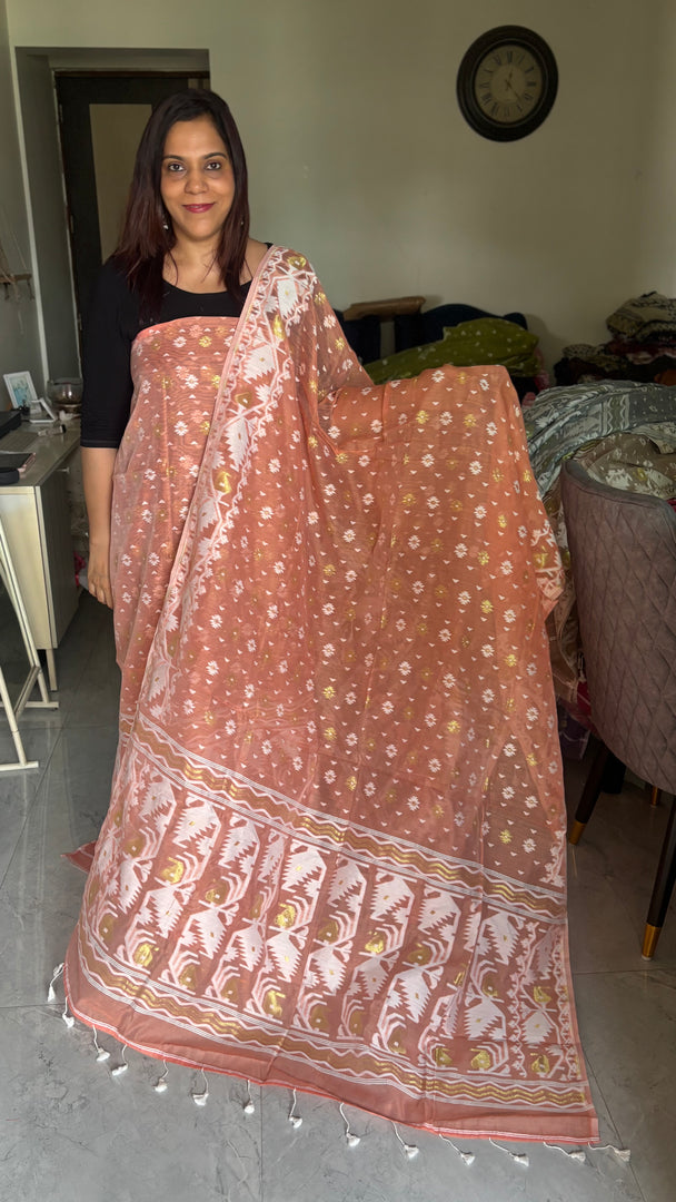 Muslin cotton handwoven jamdani top and dupatta 2 piece set