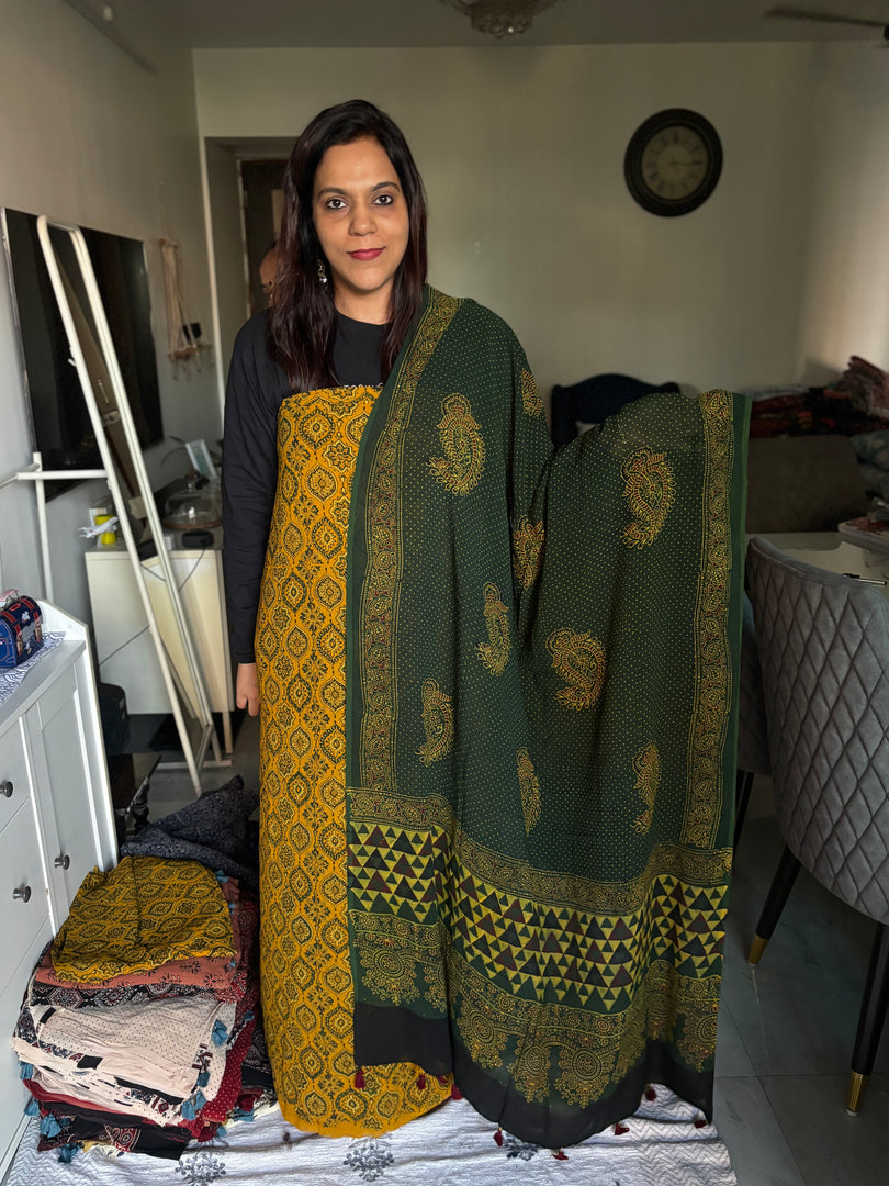 Pure georgette handblock ajrakh top and dupatta 2 piece set