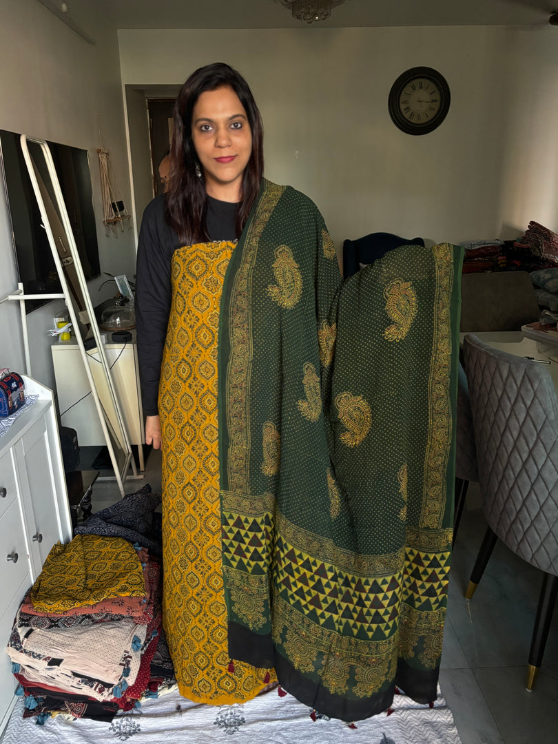 Pure georgette handblock ajrakh top and dupatta 2 piece set