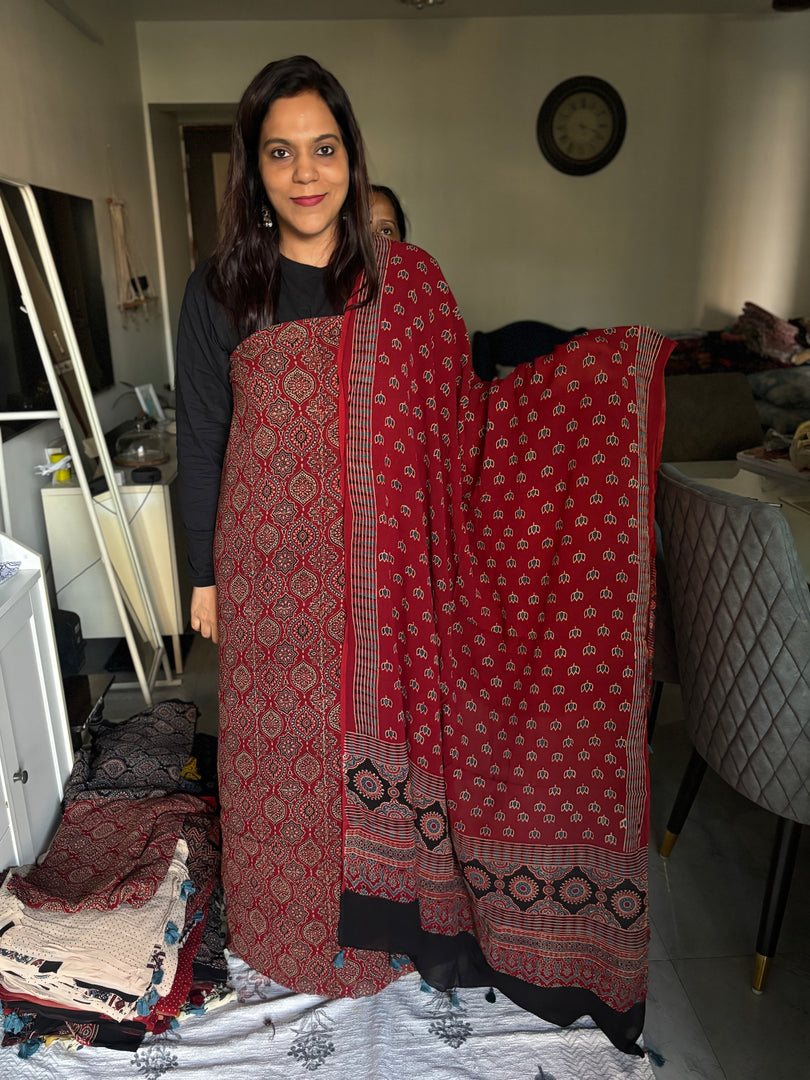 Pure georgette handblock ajrakh top and dupatta 2 piece set