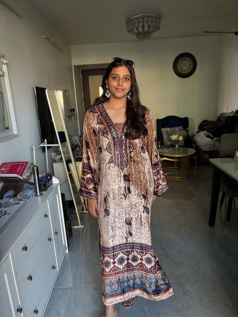 Velvet handblock ajrakh long top with handwork on neck Using cutdana mirror and sequence