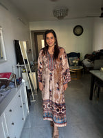 Load image into Gallery viewer, Velvet handblock ajrakh long top with handwork on neck Using cutdana mirror and sequence