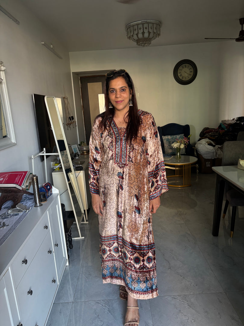 Velvet handblock ajrakh long top with handwork on neck Using cutdana mirror and sequence