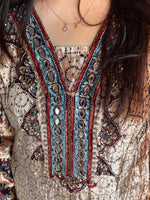 Load image into Gallery viewer, Velvet handblock ajrakh long top with handwork on neck Using cutdana mirror and sequence