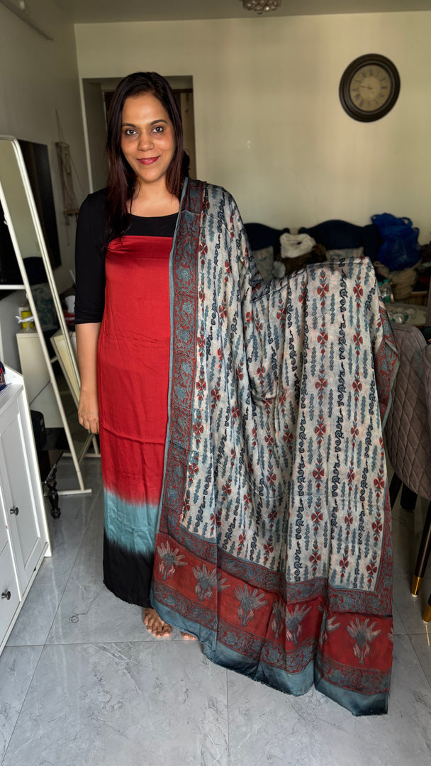 Vanaspathi handblocked modal silk dupatta paired with modal silk shaded top 2 piece set