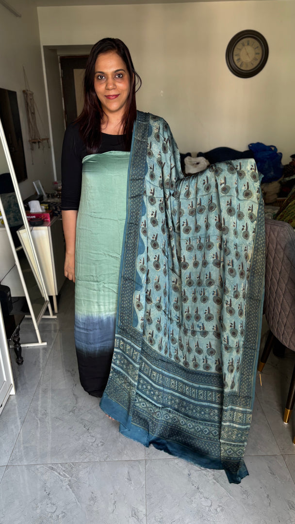 Vanaspathi handblocked modal silk dupatta paired with modal silk shaded top 2 piece set