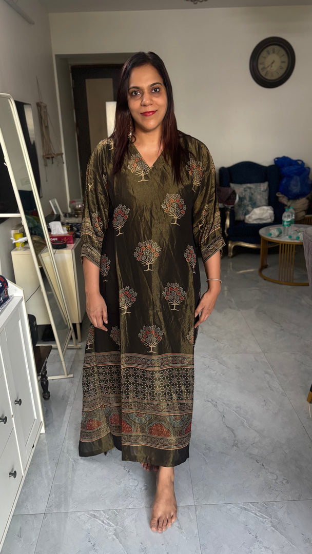 Tissue linen handblocked ajrakh kaftan top