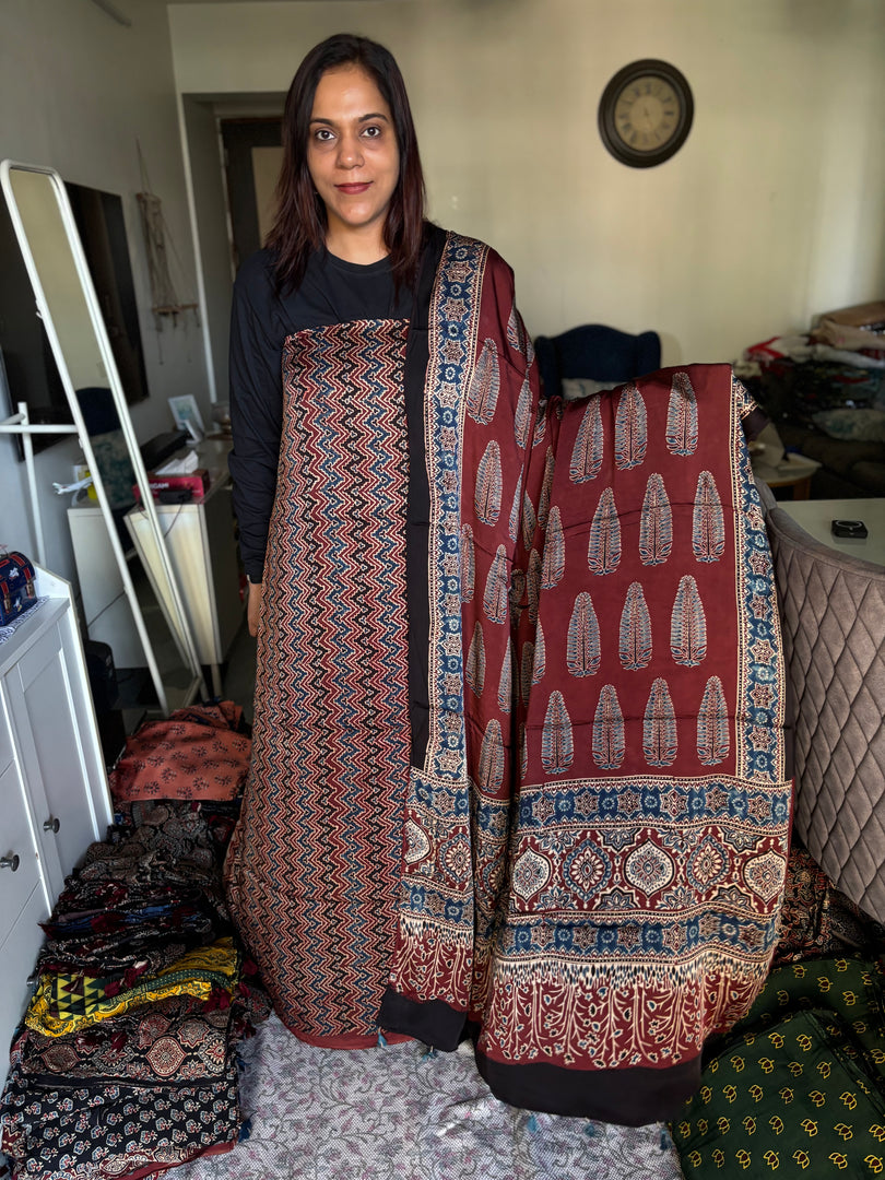 Natural Dyes ajrakh Handblock Printed Modaal silk 2  Piece with unique  Design suit MF0082