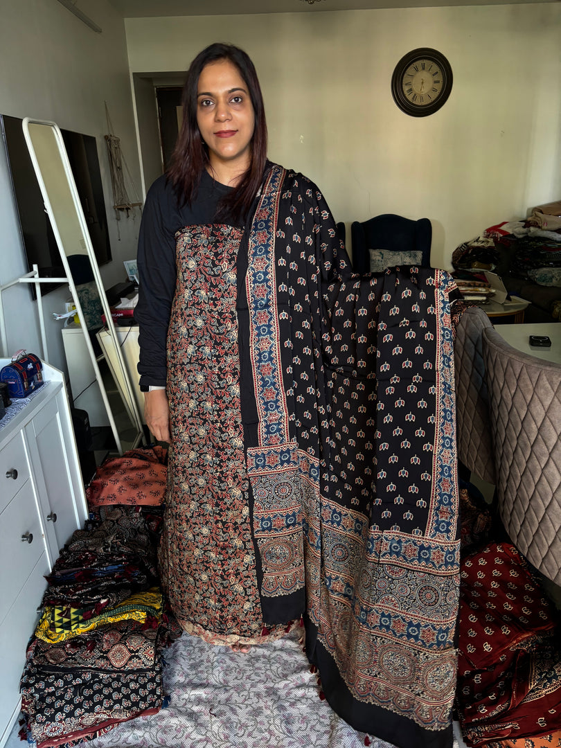 Natural Dyes ajrakh Handblock Printed Modaal silk 2  Piece with unique  Design suit MF0082