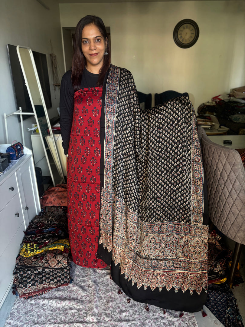 Natural Dyes ajrakh Handblock Printed Modaal silk 2  Piece with unique  Design suit MF0082