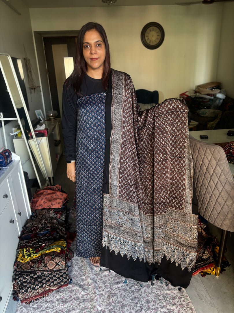 Natural Dyes ajrakh Handblock Printed Modaal silk 2  Piece with unique  Design suit MF0082