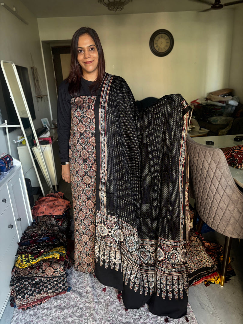 Natural Dyes ajrakh Handblock Printed Modaal silk 2  Piece with unique  Design suit MF0082