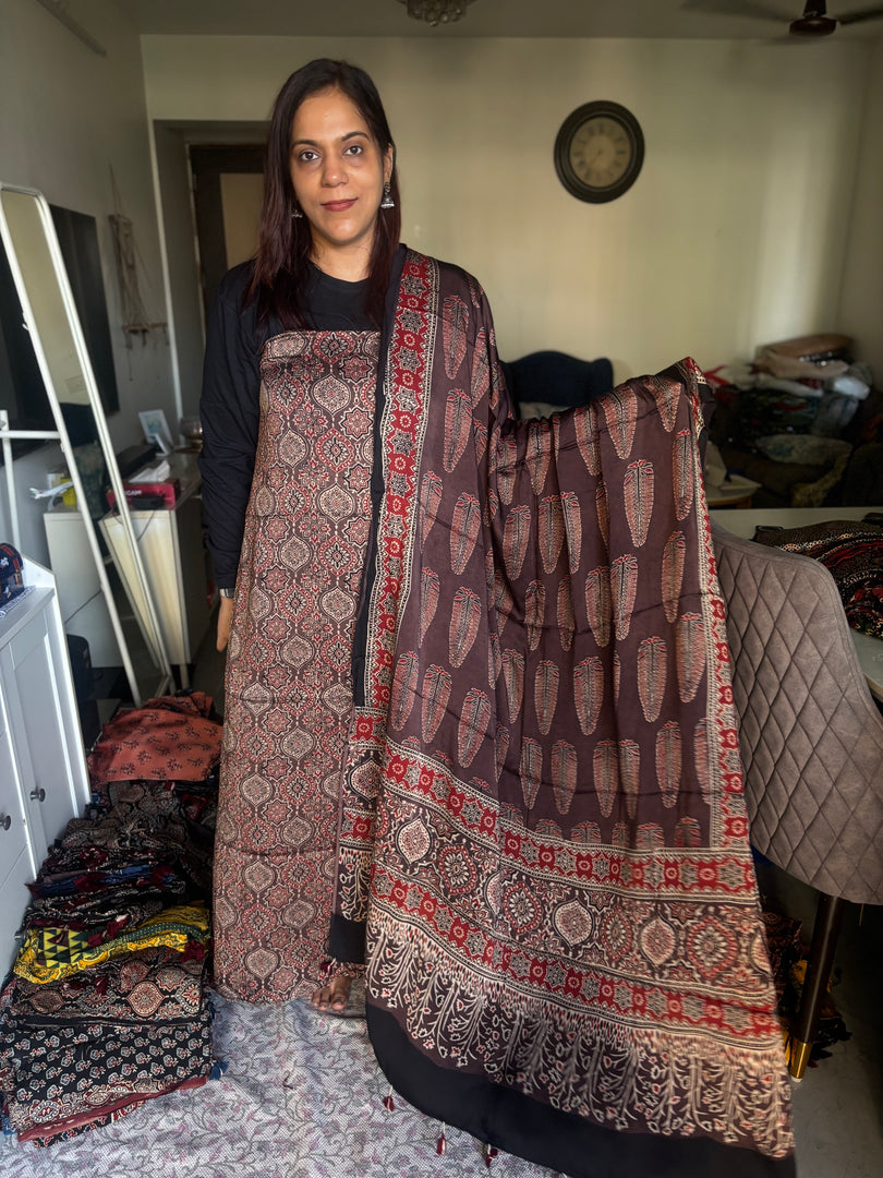 Natural Dyes ajrakh Handblock Printed Modaal silk 2  Piece with unique  Design suit MF0082