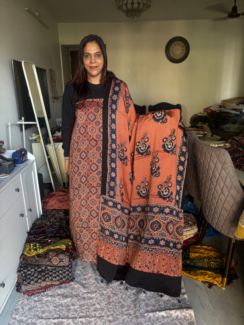 Natural Dyes ajrakh Handblock Printed Modaal silk 2  Piece with unique  Design suit MF0082