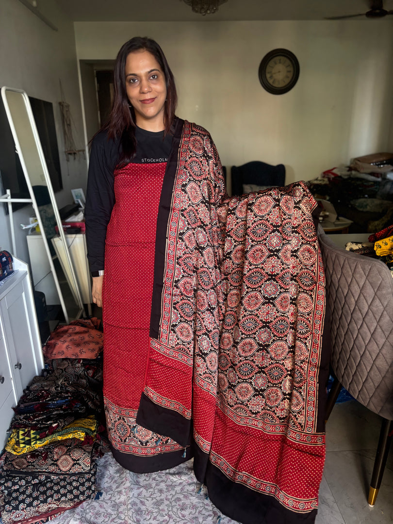 Natural Dyes ajrakh Handblock Printed Modaal silk 2  Piece with unique  Design suit MF0082