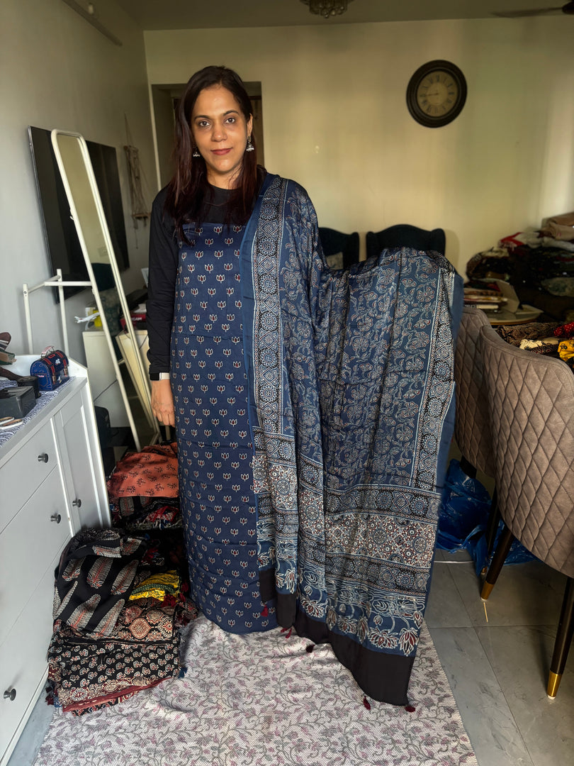 Natural Dyes ajrakh Handblock Printed Modaal silk 2  Piece with unique  Design suit MF0082
