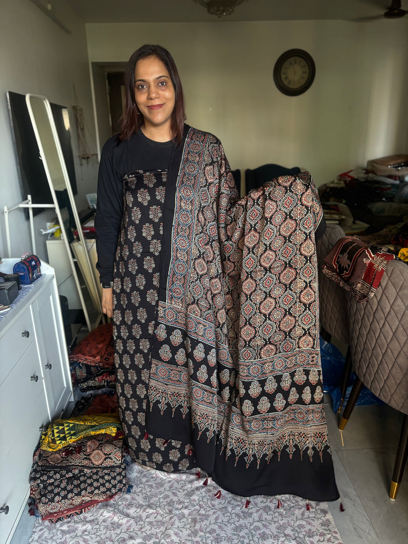 Natural Dyes ajrakh Handblock Printed Modaal silk 2  Piece with unique  Design suit MF0082