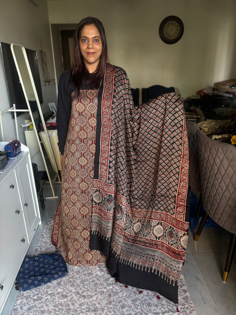 Natural Dyes ajrakh Handblock Printed Modaal silk 2  Piece with unique  Design suit MF0082