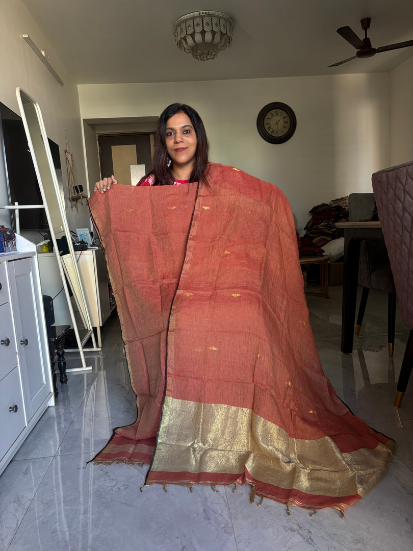 Pure linen handwoven jamdani top and dupatta with zari 2 piece set