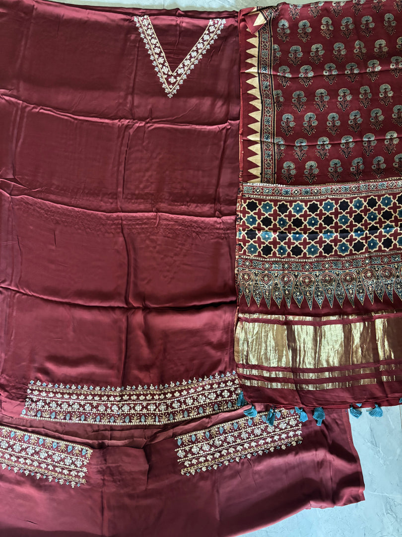 Handworked plain modal silk top with ajrakh tissue pallu handworked dupatta