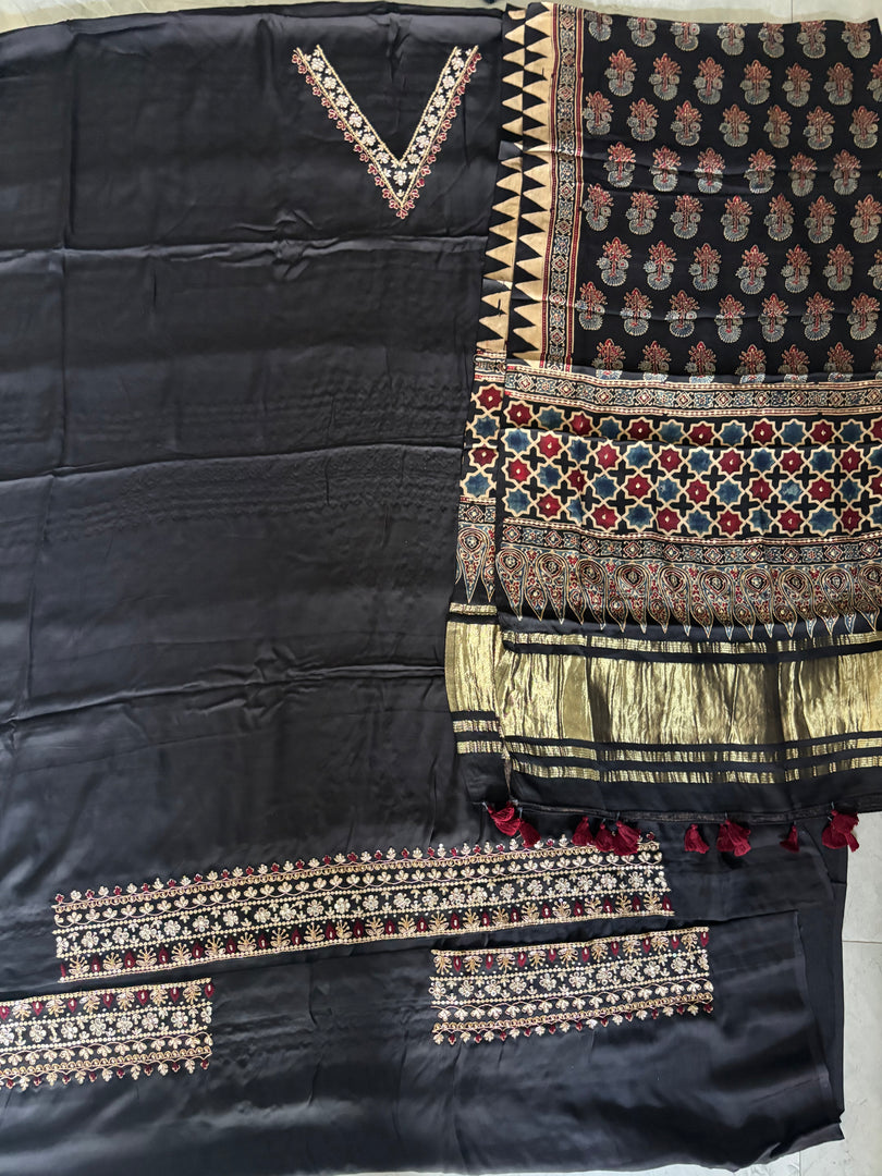 Handworked plain modal silk top with ajrakh tissue pallu handworked dupatta