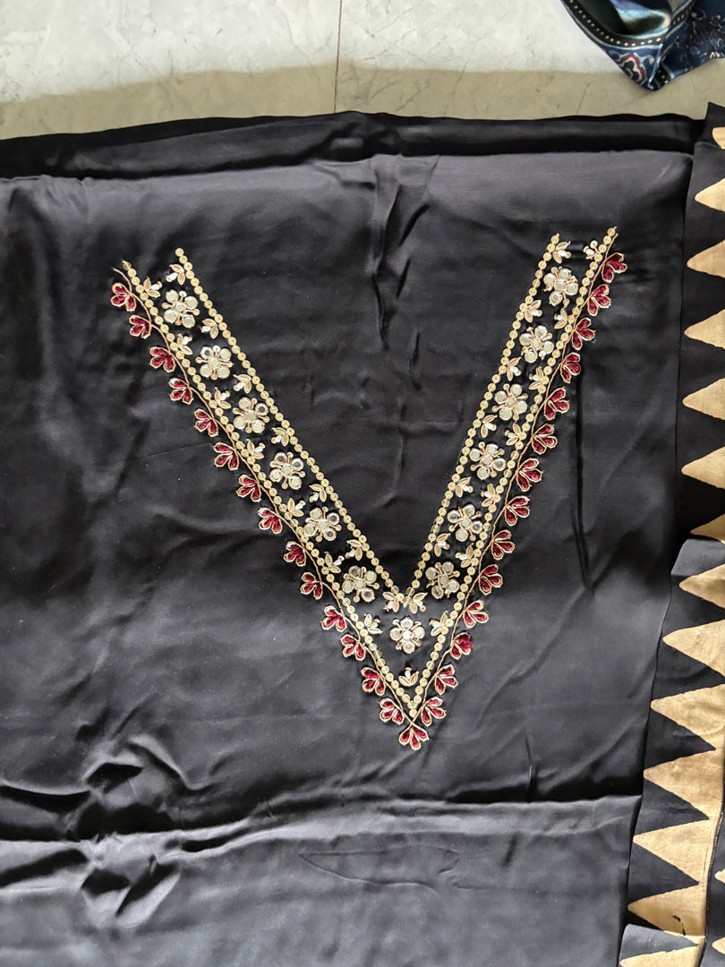 Handworked plain modal silk top with ajrakh tissue pallu handworked dupatta