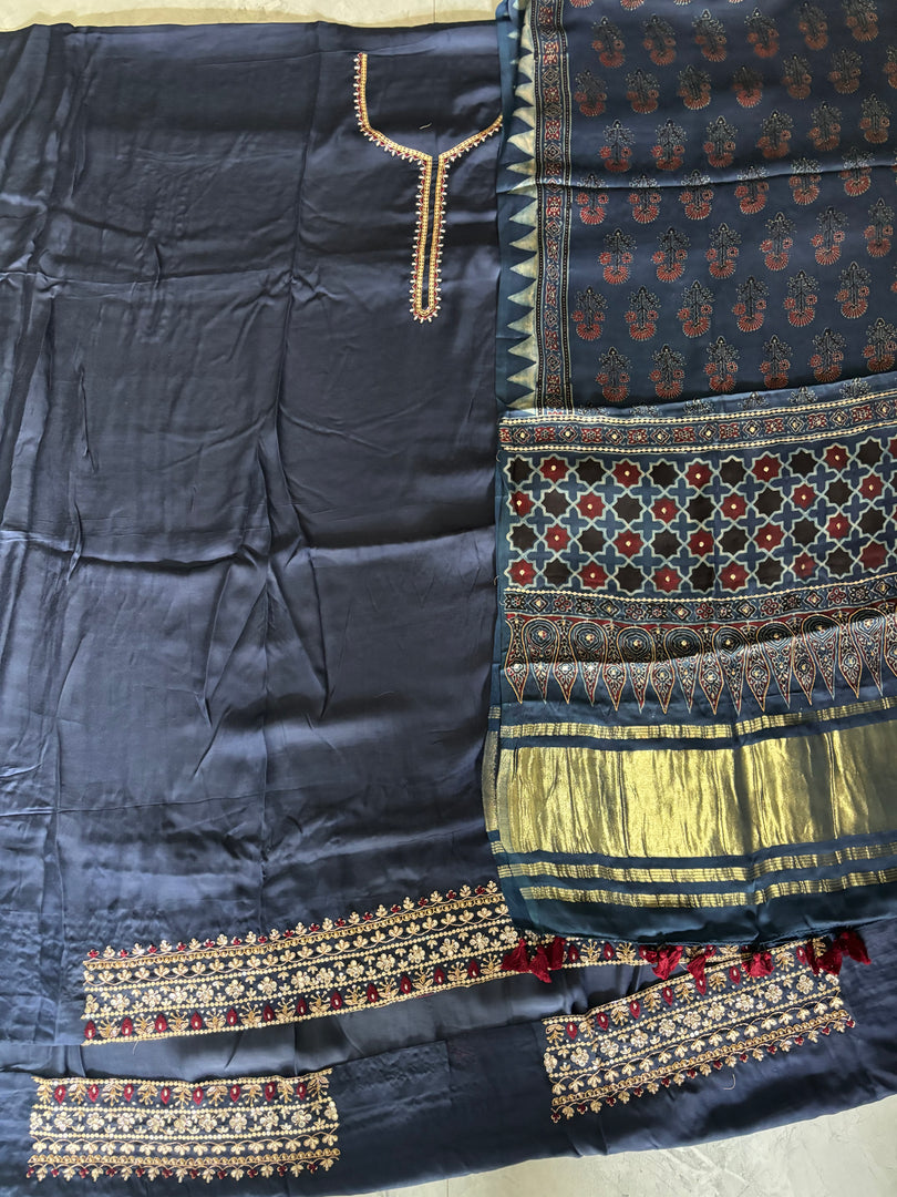 Handworked plain modal silk top with ajrakh tissue pallu handworked dupatta