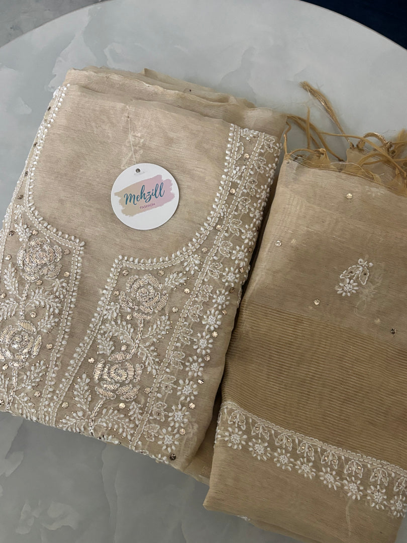 Beautiful soft khadi chanderi lucknowi chikankari Shirt n dupatta