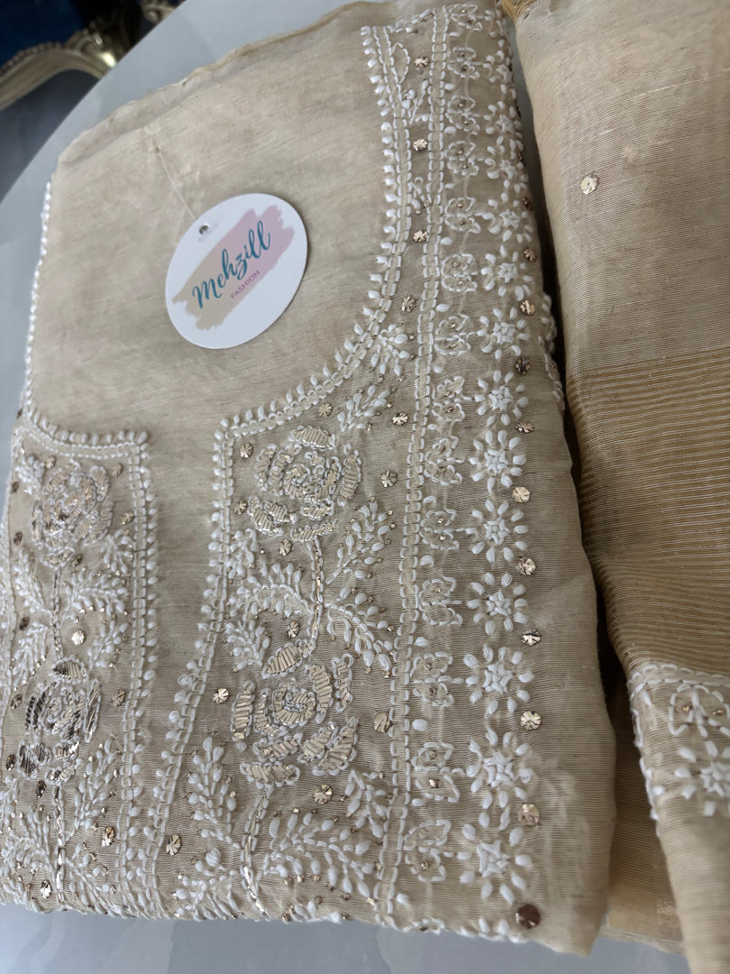 Beautiful soft khadi chanderi lucknowi chikankari Shirt n dupatta
