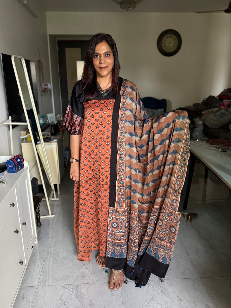 Natural Dye Ajrakh Handblock Printed Modaal silk 2  piece  Design suit
