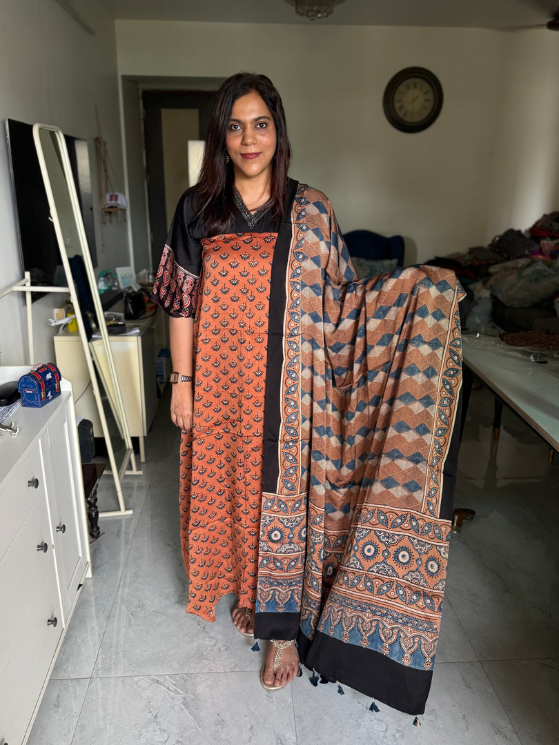 Natural Dye Ajrakh Handblock Printed Modaal silk 2  piece  Design suit