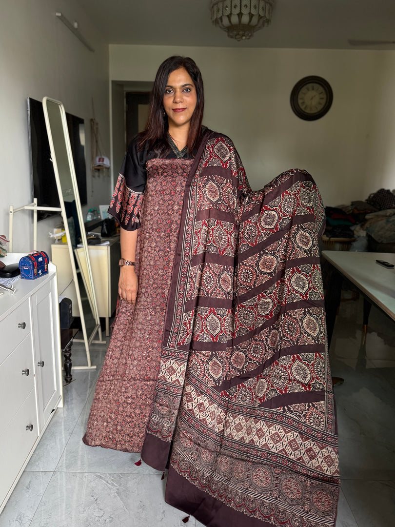 Natural Dye Ajrakh Handblock Printed Modaal silk 2  piece  Design suit