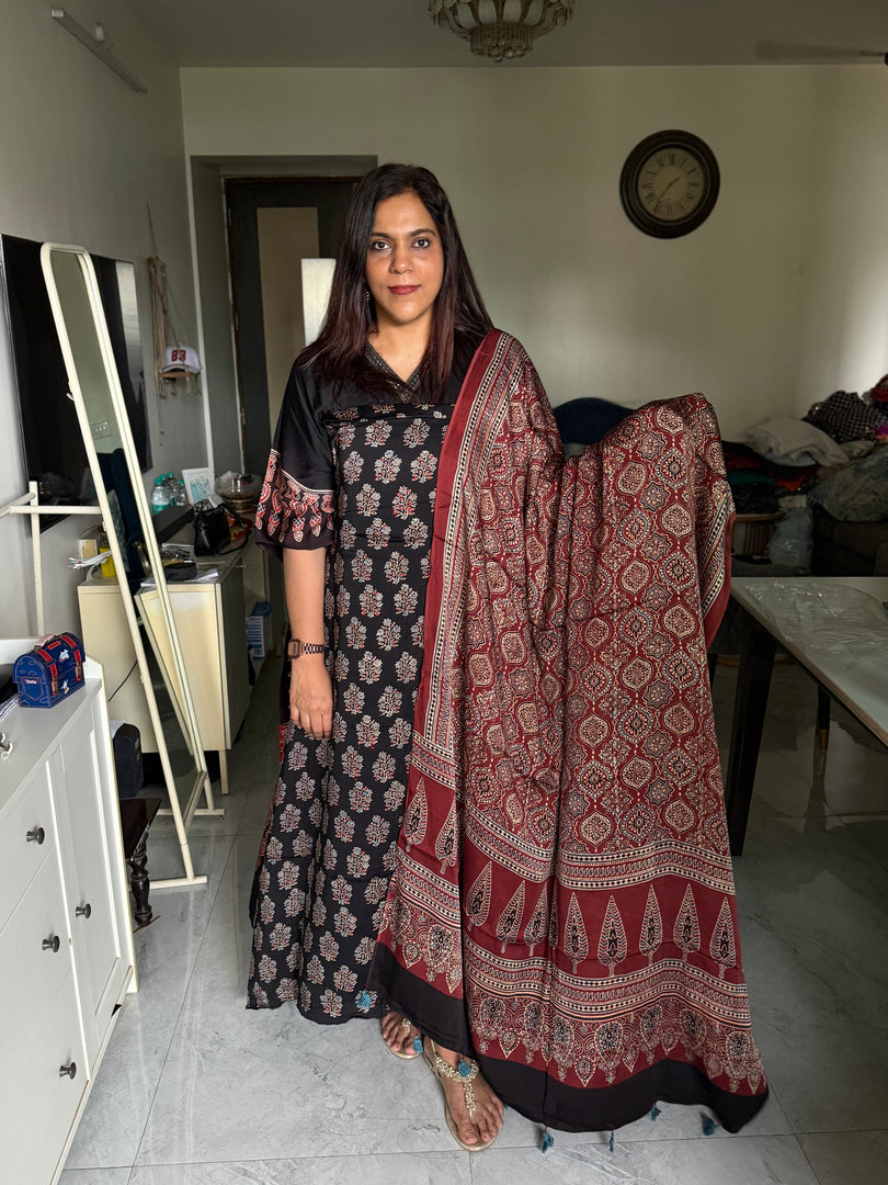Natural Dye Ajrakh Handblock Printed Modaal silk 2  piece  Design suit