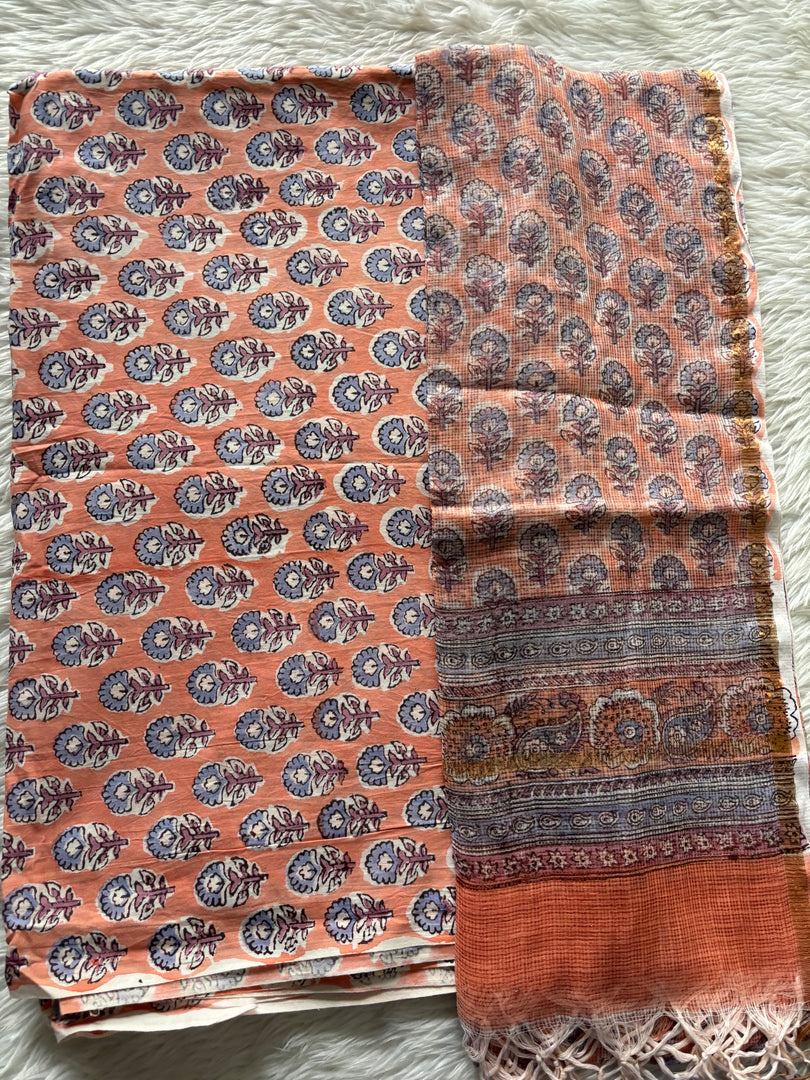 Pure cotton handblock 5 m fabric with Kota Doria dupatta