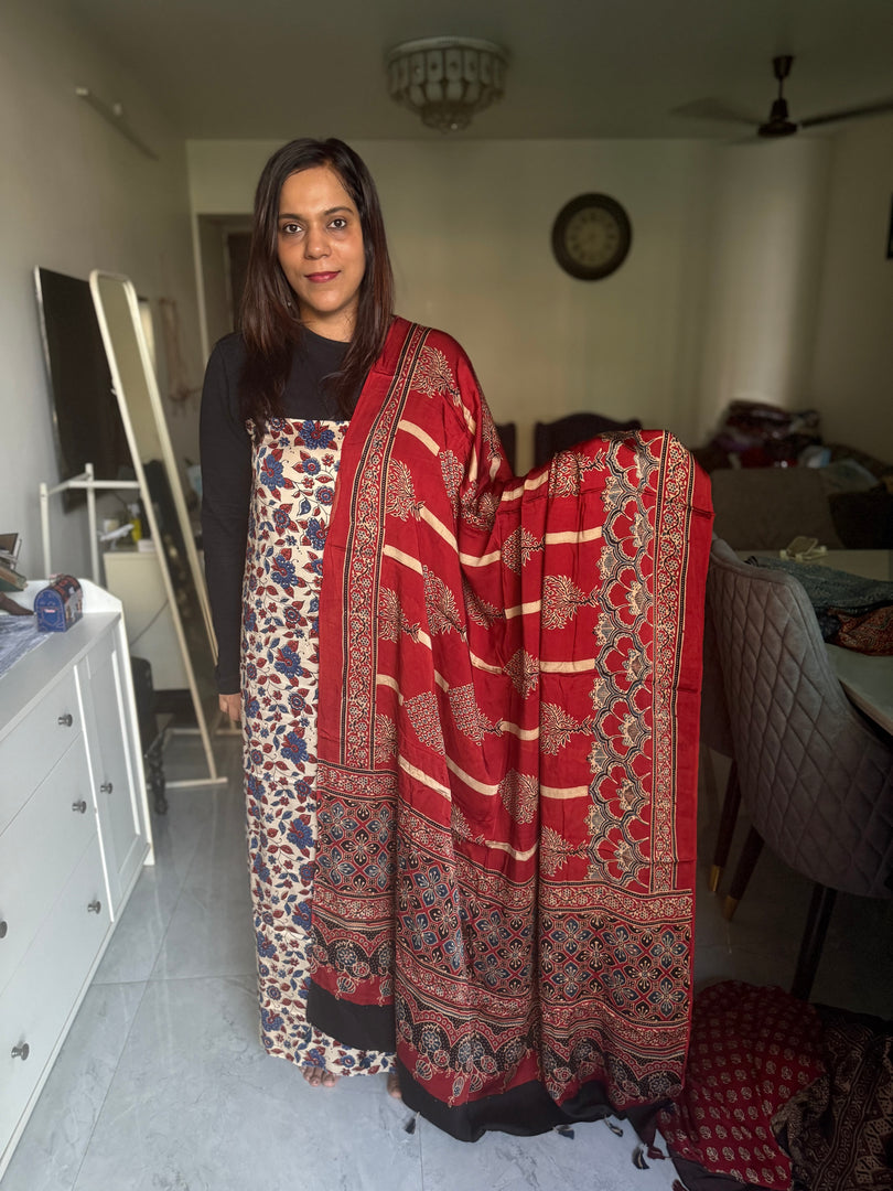 Natural Dye Ajrakh Handblock Printed Modaal silk 2  Piece suit MF0077
